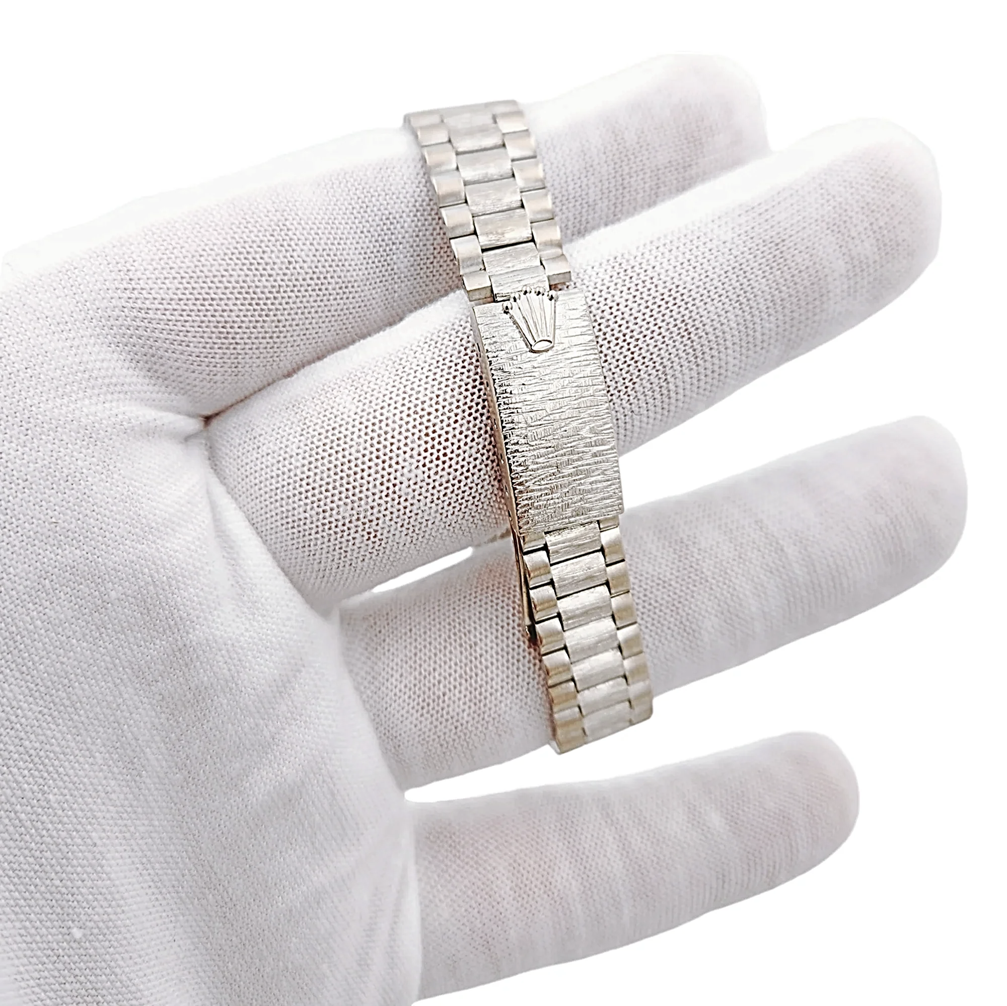 1967 Ladies Rolex 24mm Vintage Bark Finish Solid 18K White Gold Wristwatch w/ Mother of Pearl Diamond Dial. (Pre-Owned 6517)