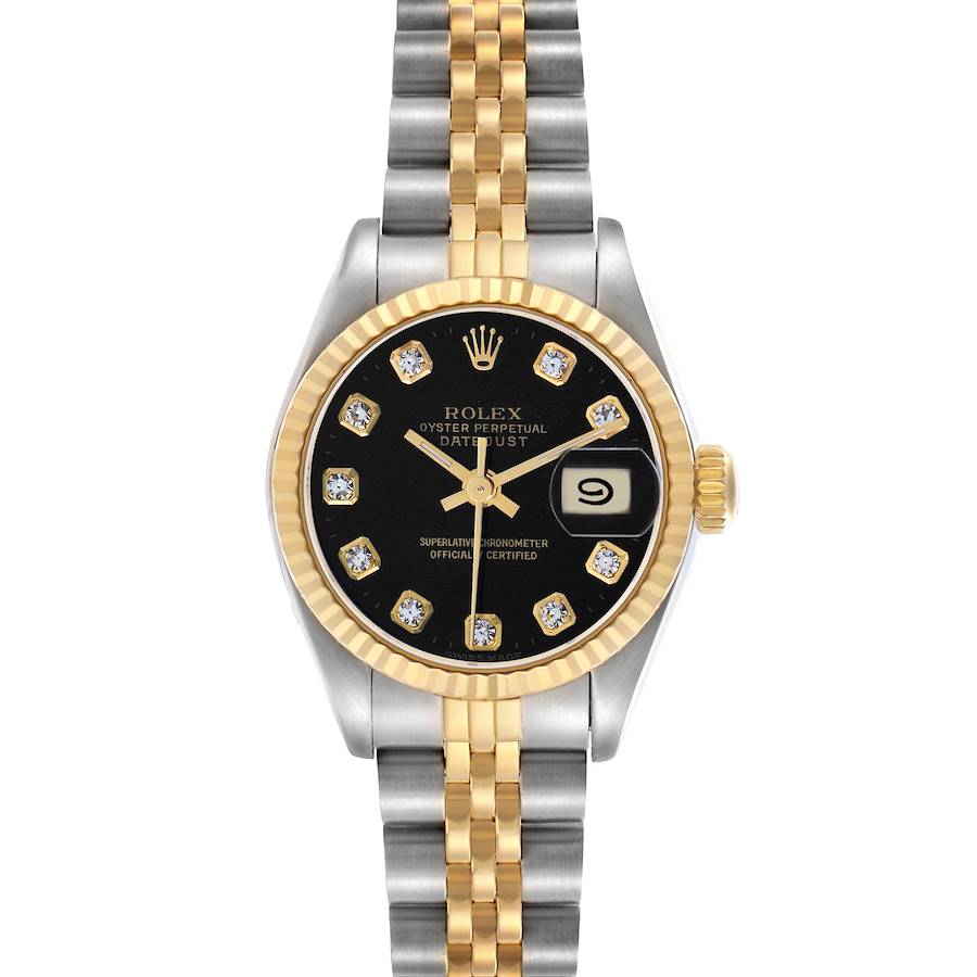 1995 Ladies Rolex 26mm Datejust 18K Yellow Gold / Stainless Steel Two Tone Watch with Black Diamond Dial and Fluted Bezel. (Pre-Owned 69173)