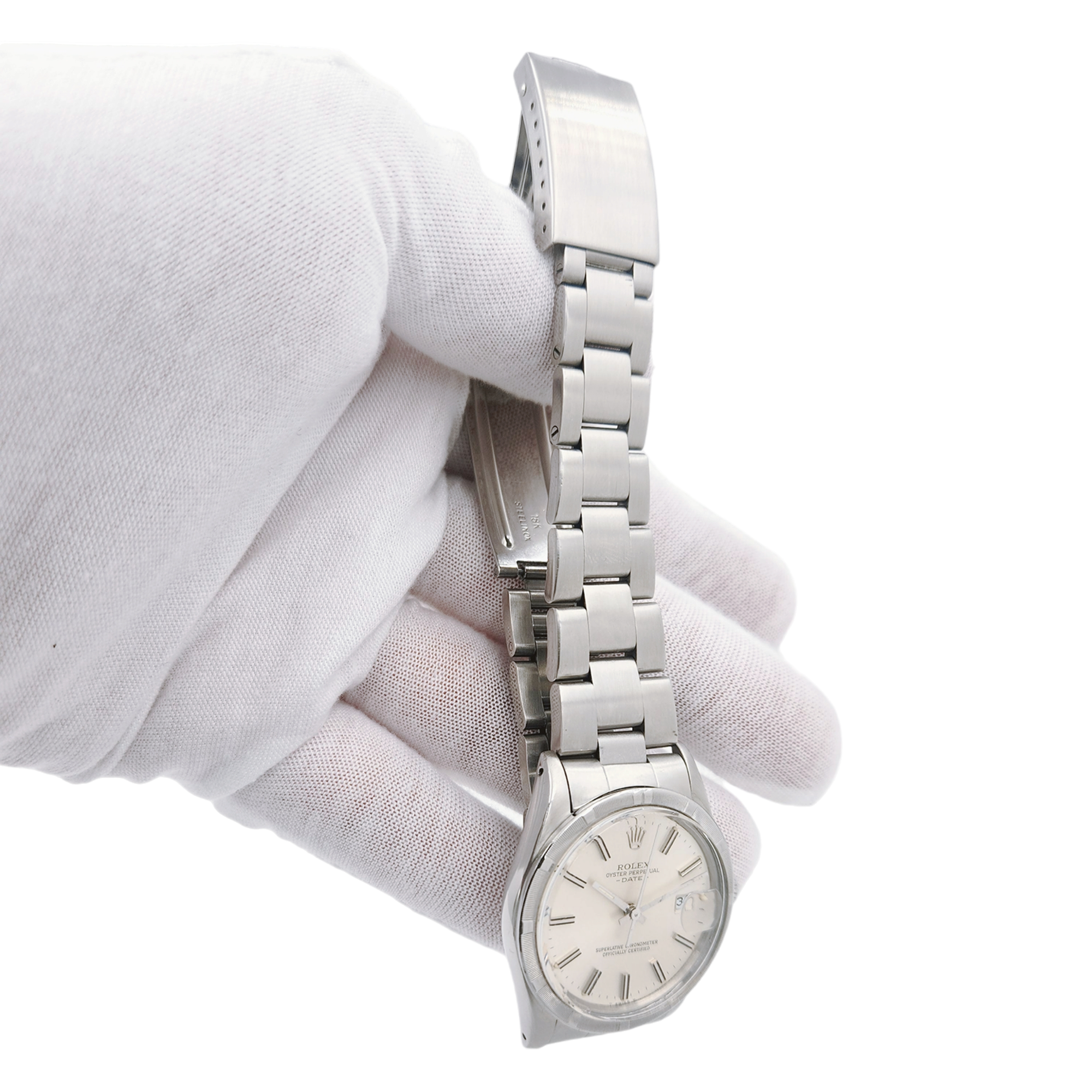 1983 Men's Rolex 34mm Date - Vintage Stainless Steel Watch with Silver Dial and Engine Turned Bezel. (Pre-Owned 15010)