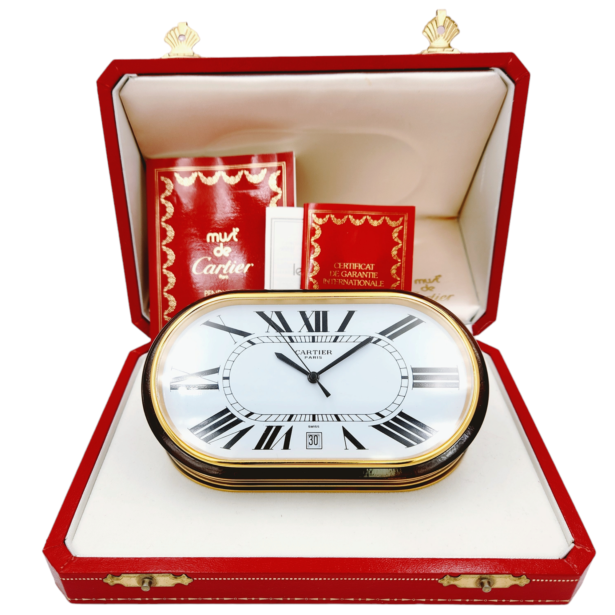1988 Cartier Oval Accordion Vintage Heavy Desk Clock with Date and White Roman Numeral Dial. (Pre-Owned)