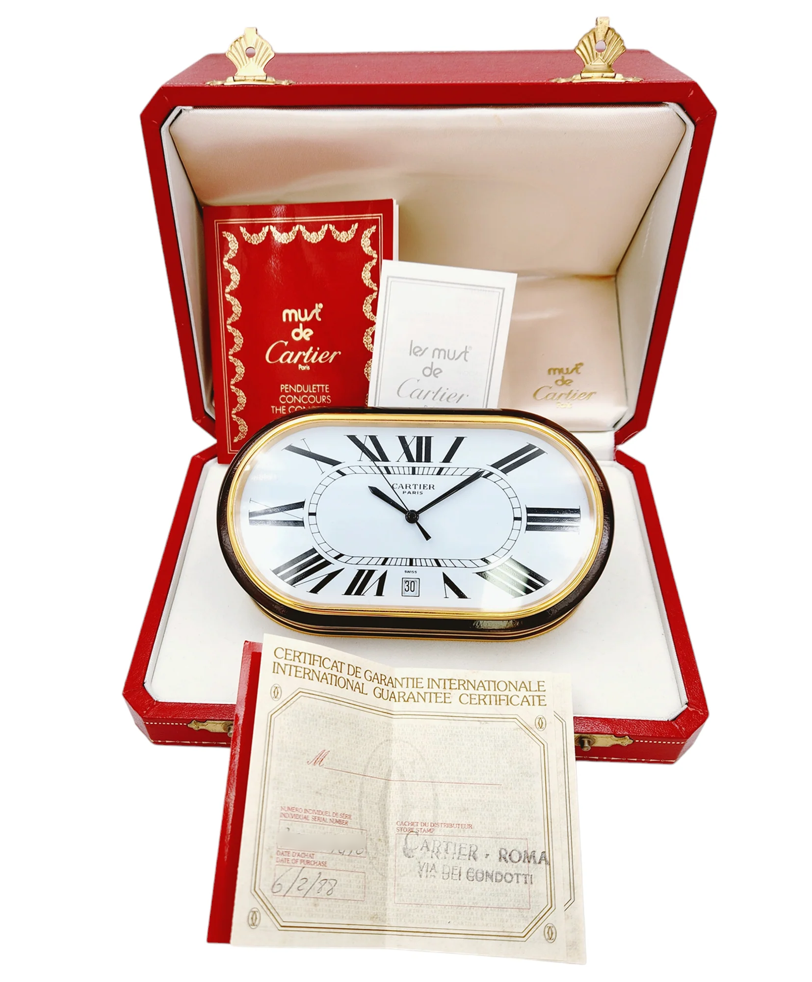 1988 Cartier Oval Accordion Vintage Heavy Desk Clock with Date and White Roman Numeral Dial. (Pre-Owned)