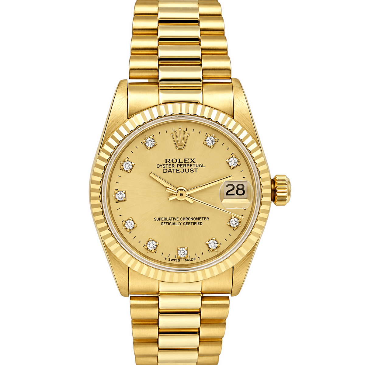 *1989 Ladies Rolex Midsize 31mm DateJust 18K Yellow Gold Watch with Diamond Champagne Dial and Fluted Bezel. (Pre-Owned 68278)