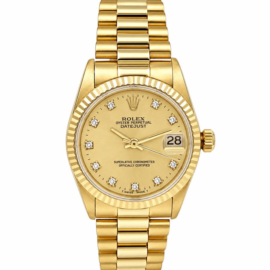 *1989 Ladies Rolex Midsize 31mm DateJust 18K Yellow Gold Watch with Diamond Champagne Dial and Fluted Bezel. (Pre-Owned 68278)