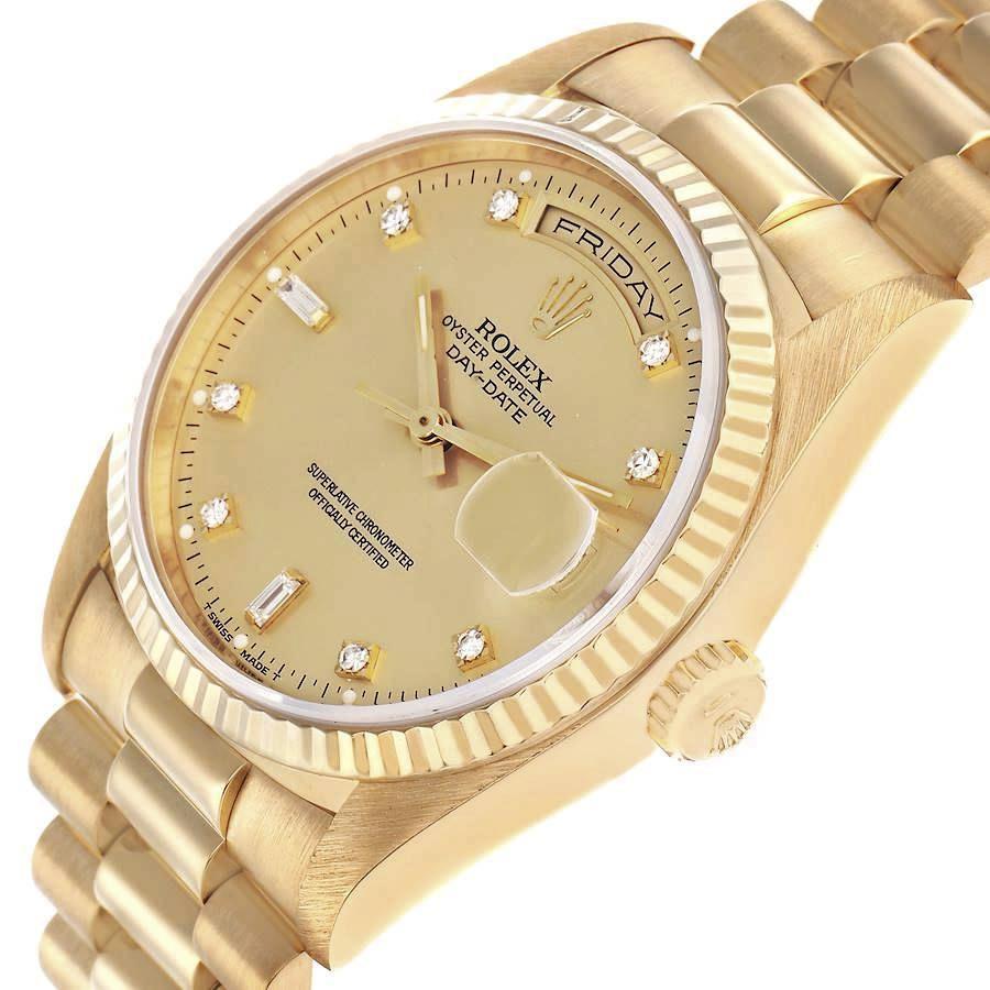 1990 Men's Rolex 36mm Day-Date Presidential 18K Yellow Gold Watch with Champagne Diamond Dial and Fluted Bezel. (Pre-Owned 18238)