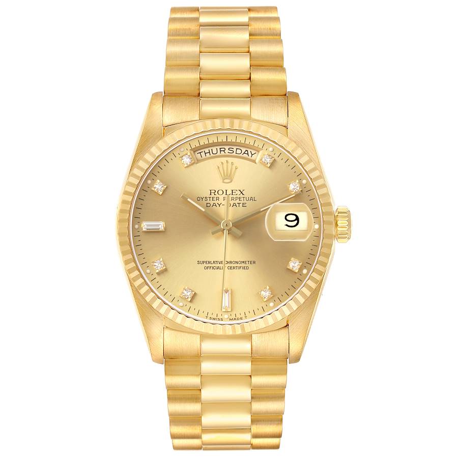 *1995 Men's Rolex 36mm Day-Date Presidential 18K Yellow Gold Watch with Champagne Diamond Dial and Fluted Bezel. (Pre-Owned 18238)
