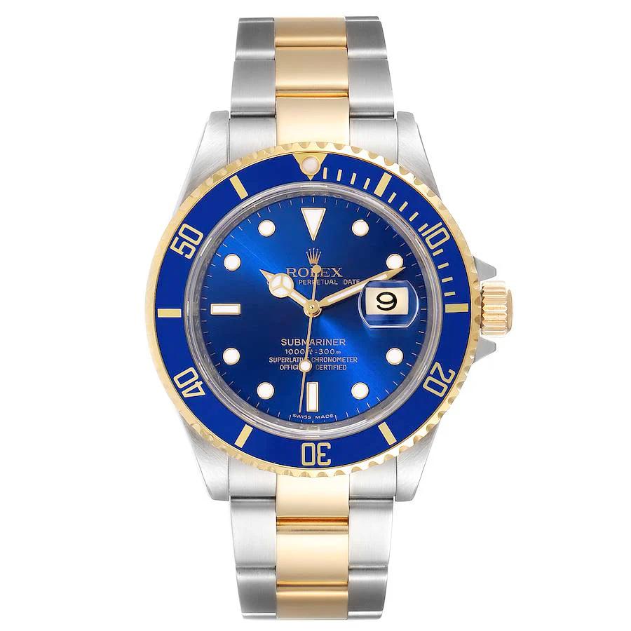 Men's Rolex 40mm Submariner Date Oyster Perpetual Two-Tone 18K Yellow Gold / Stainless Steel Watch with Blue Dial and Blue Bezel. (Pre-Owned 16613)