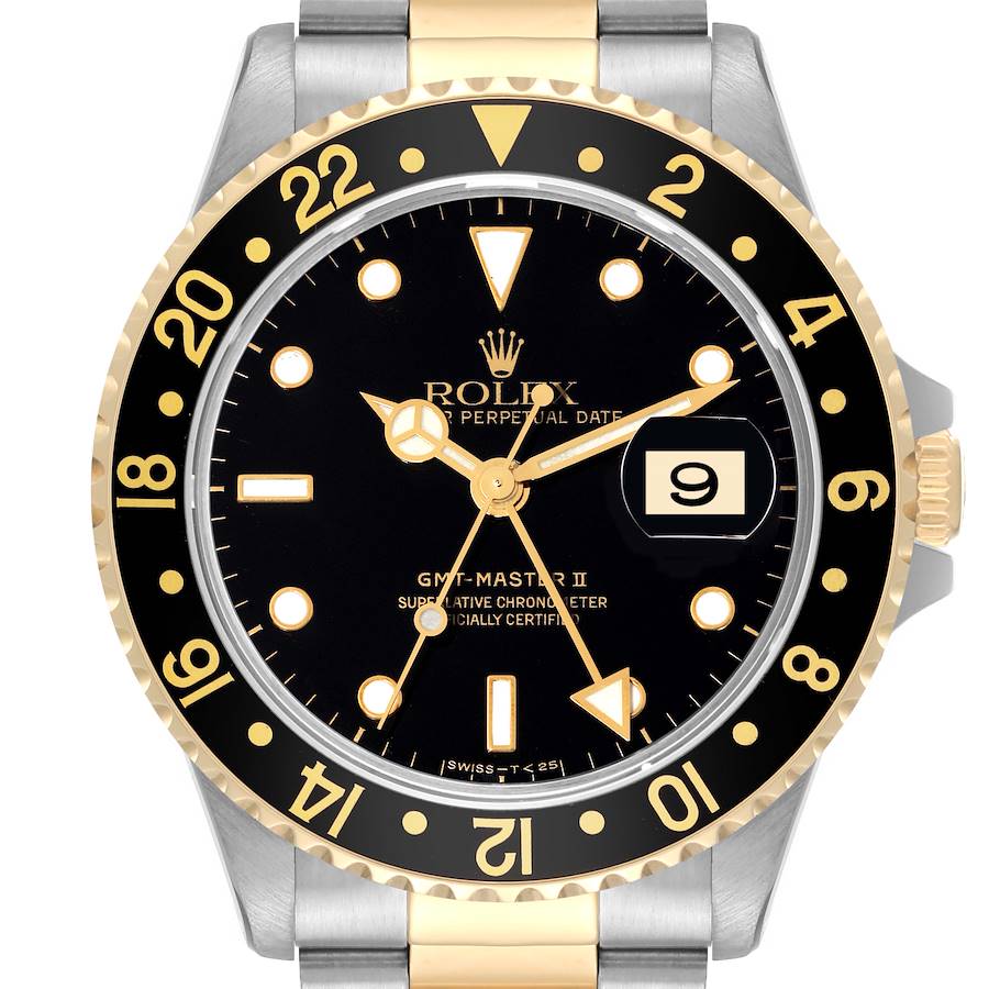 1995 Men's Rolex 40mm GMT Master II Two Tone 18K Yellow Gold / Stainless Steel Watch with Black Bezel and Black Dial. (Pre-Owned 16713)