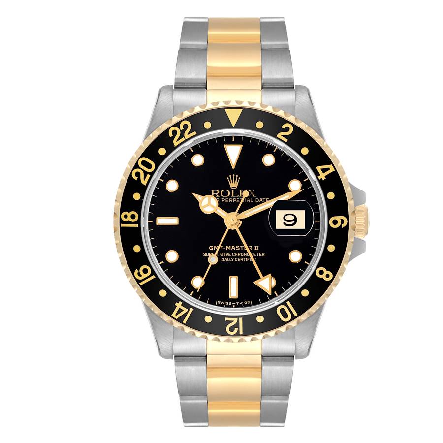 *1995 Men's Rolex 40mm GMT Master II Two Tone 18K Yellow Gold / Stainless Steel Watch with Black Bezel and Black Dial. (Pre-Owned 16713)