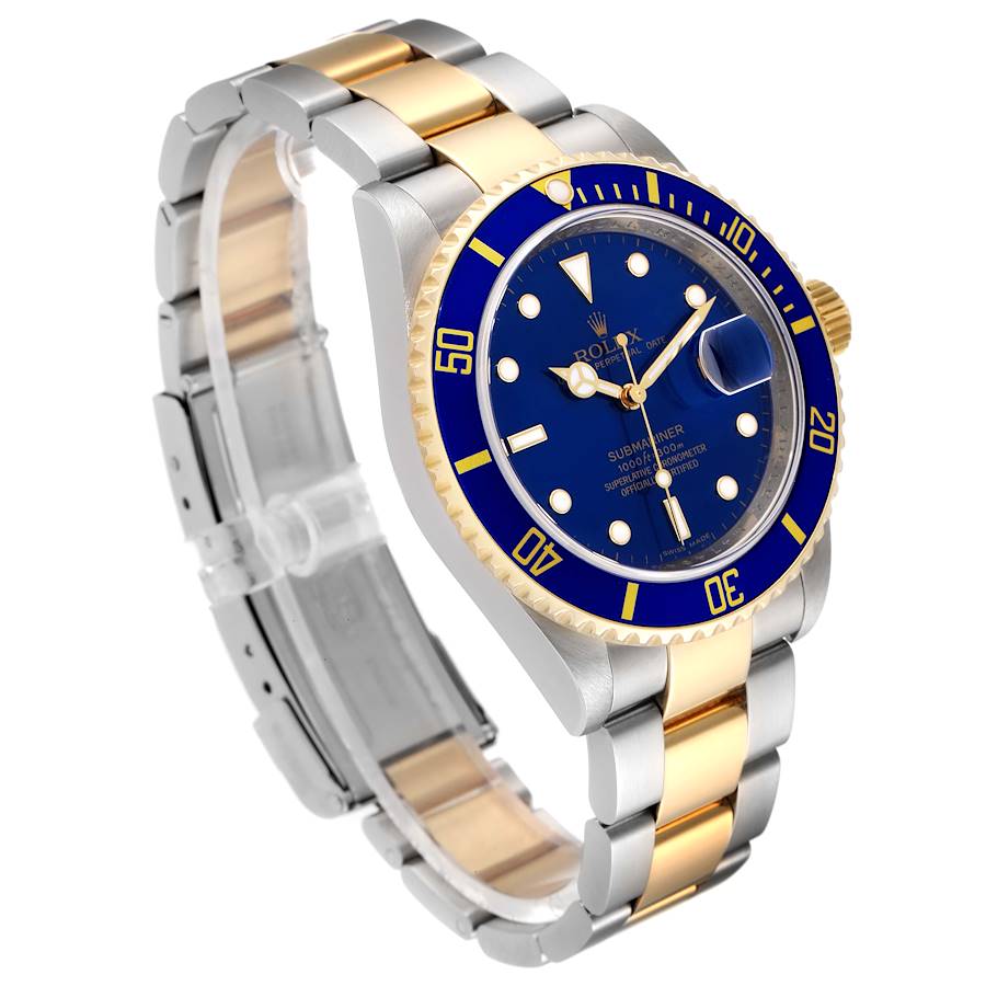 1996 Men's Rolex 40mm Submariner Oyster Perpetual Two Tone 18K Yellow Gold / Stainless Steel Watch with Blue Dial and Blue Bezel. (Pre-Owned 16613)