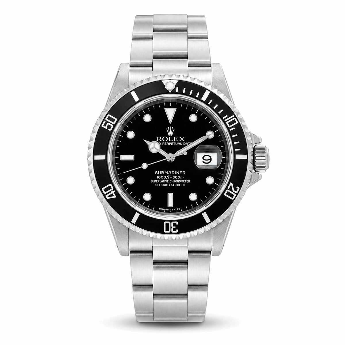 1999 Men's Rolex 40mm Submariner Date Oyster Perpetual Stainless Steel Watch with Black Dial and Black Bezel. (Pre-Owned 16610)