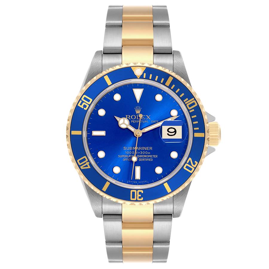 2005 Men's Rolex 40mm Submariner Oyster Perpetual Two Tone 18K Yellow Gold / Stainless Steel Watch with Blue Dial and Blue Bezel. (UNWORN 16613)
