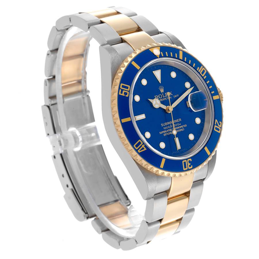 2005 Men's Rolex 40mm Submariner Oyster Perpetual Two Tone 18K Yellow Gold / Stainless Steel Watch with Blue Dial and Blue Bezel. (UNWORN 16613)