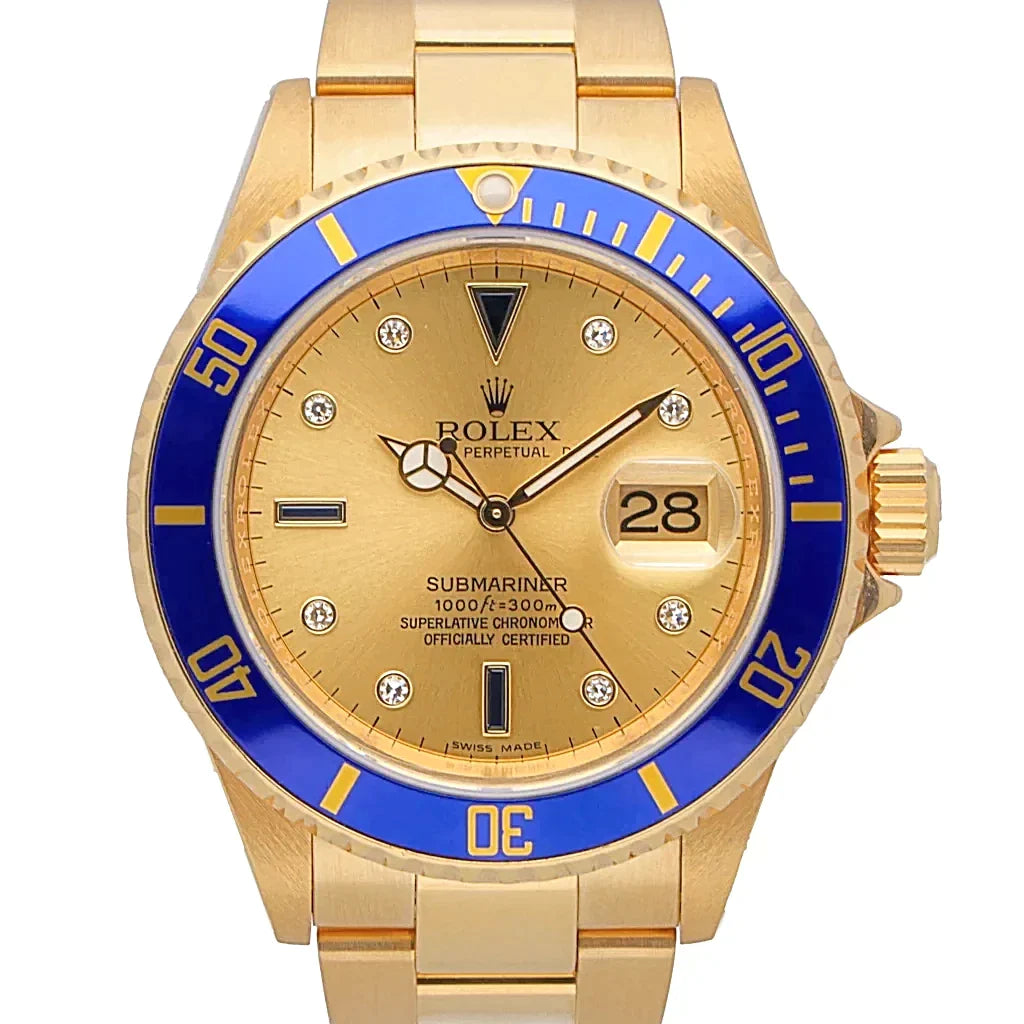 2007 Men's Rolex 40mm Submariner Oyster Perpetual 18K Yellow Gold Watch with Champagne Diamond Dial and Blue Bezel. (Pre-Owned 16618)
