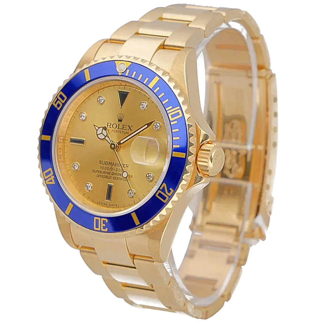 2007 Men's Rolex 40mm Submariner Oyster Perpetual 18K Yellow Gold Wristwatch w/ Champagne Diamond Dial & Blue Bezel. (Pre-Owned 16618)