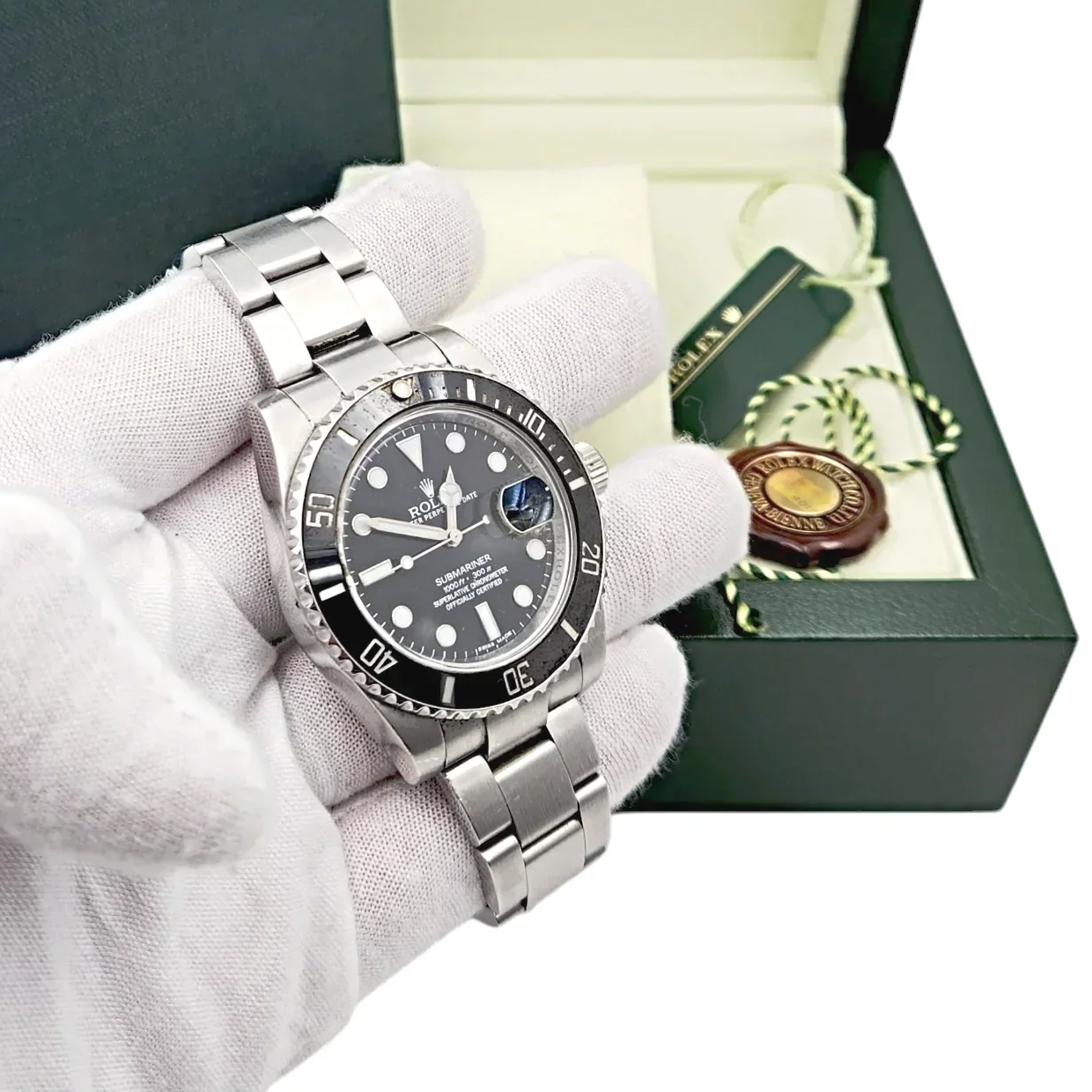 2012 Men's Rolex 40mm Oyster Perpetual Submariner Date Stainless Steel Watch with Black Dial and Black Ceramic Bezel. (Pre-Owned 116610)