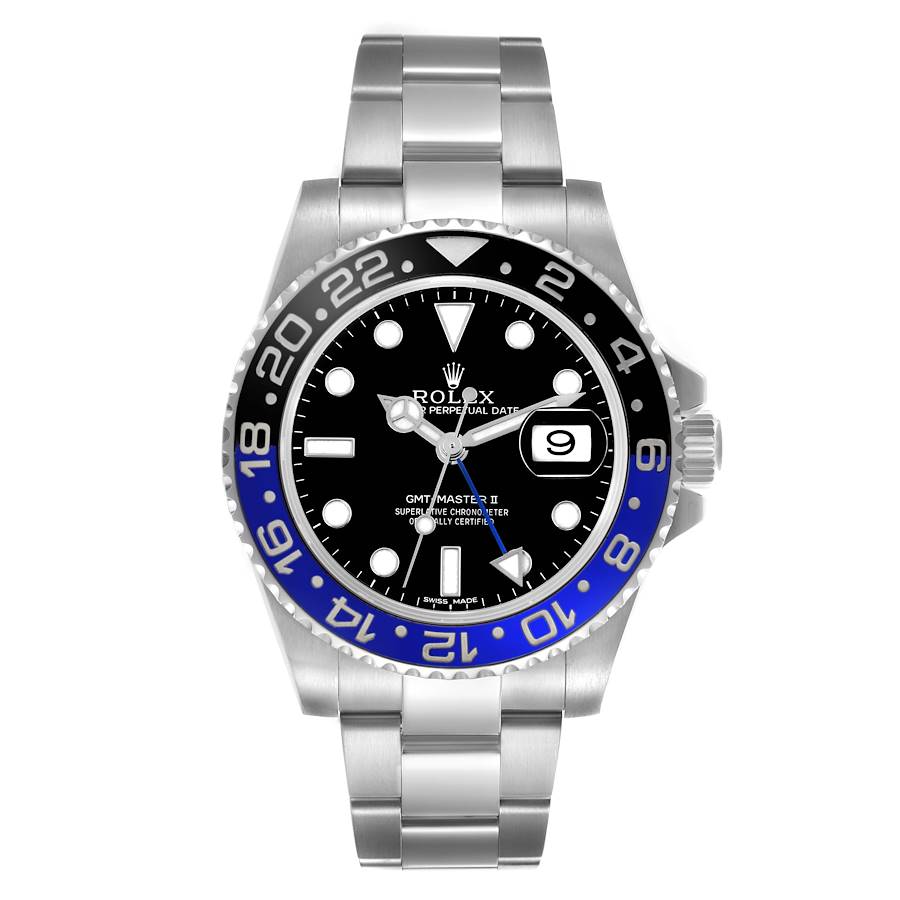 Men's Rolex 40mm GMT Master II "Batman" Oyster Stainless Steel Watch with Black Dial and Blue / Black Bezel. (Pre-Owned 116710)