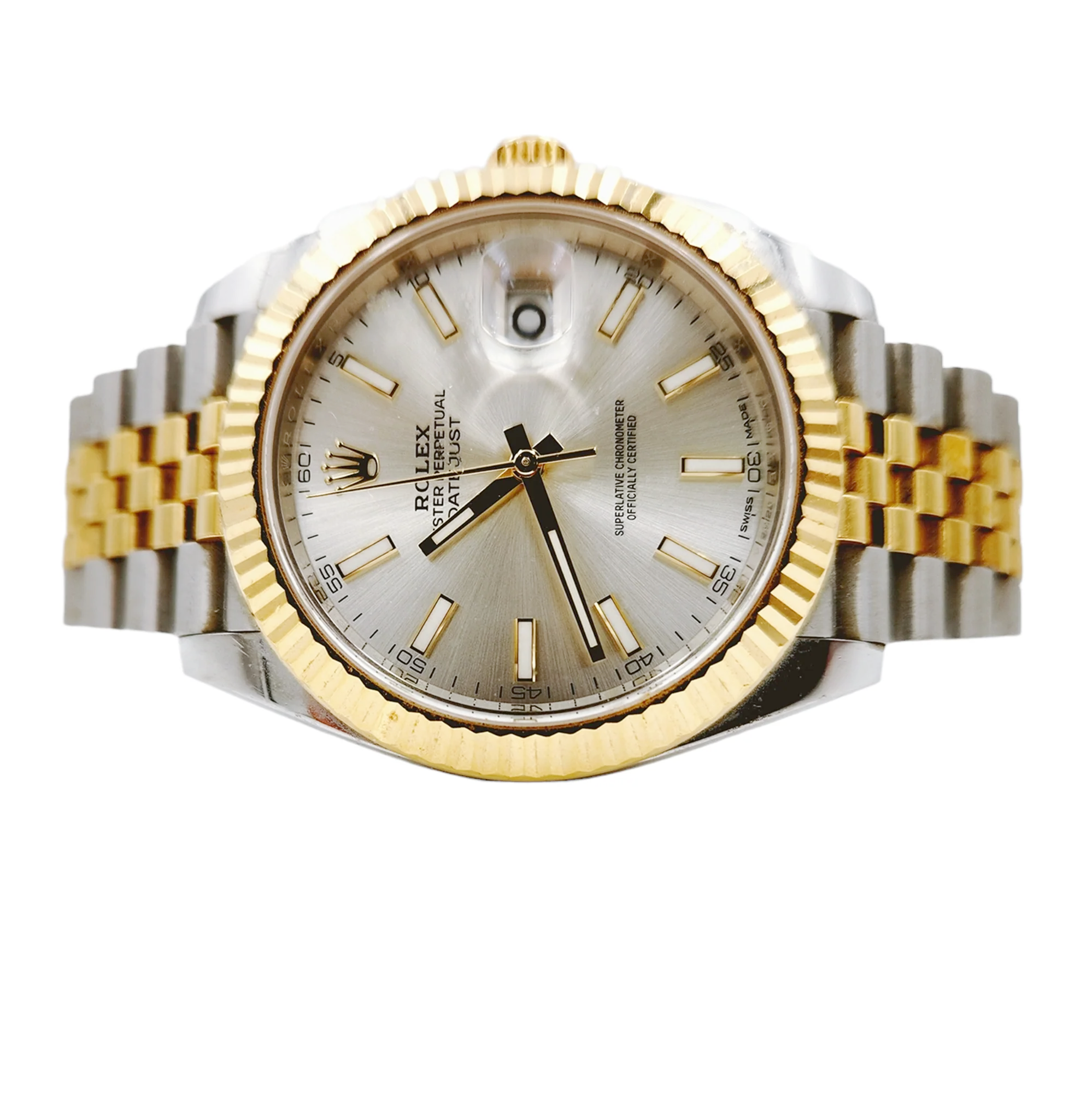 2017 Men's Rolex 41mm DateJust Two Tone 18K Yellow Gold / Stainless Steel Wristwatch w/ Silver Dial & Fluted Bezel. (Pre-Owned 126333)
