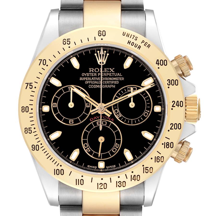 *2020 Men's Rolex 40mm Daytona Two Tone 18K Yellow Gold / Stainless Steel Watch with Black Dial. (Pre-Owned Box/Card 116503)