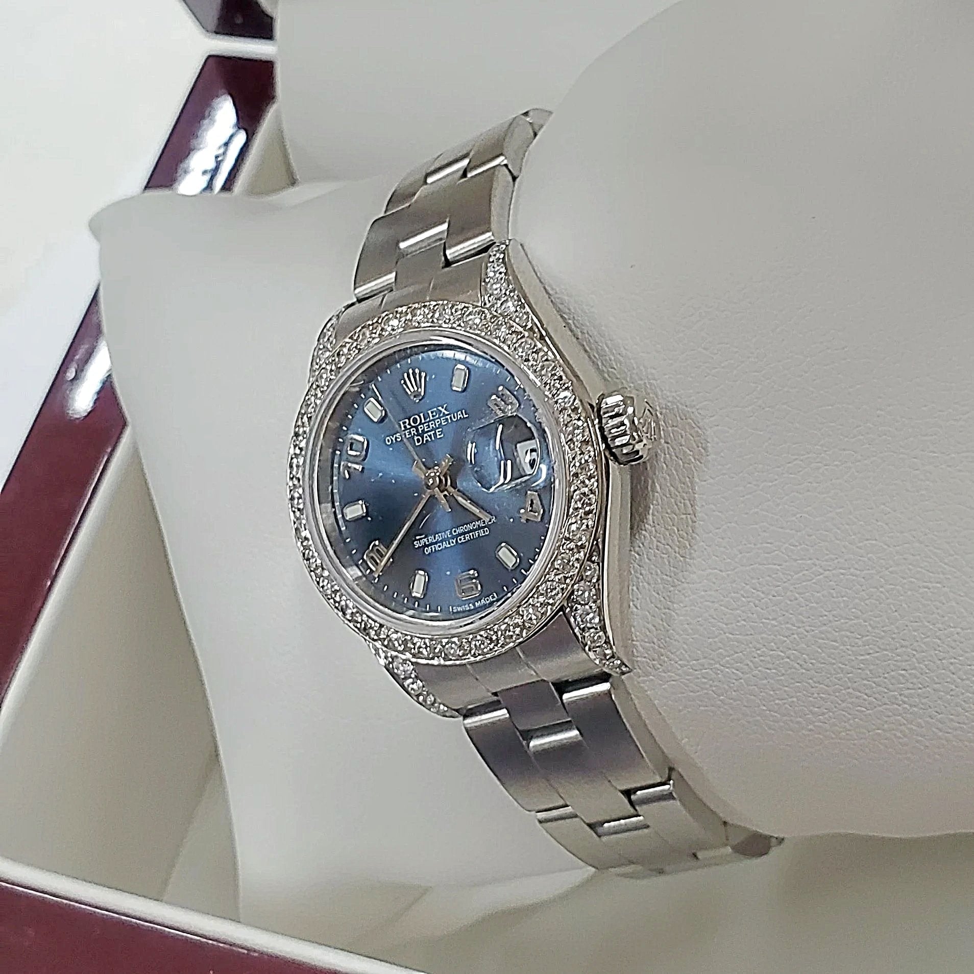 Ladies Rolex 26mm DateJust Stainless Steel Wristwatch w/ Midnight Blue Dial & Custom Diamond Bezel. (Pre-Owned)