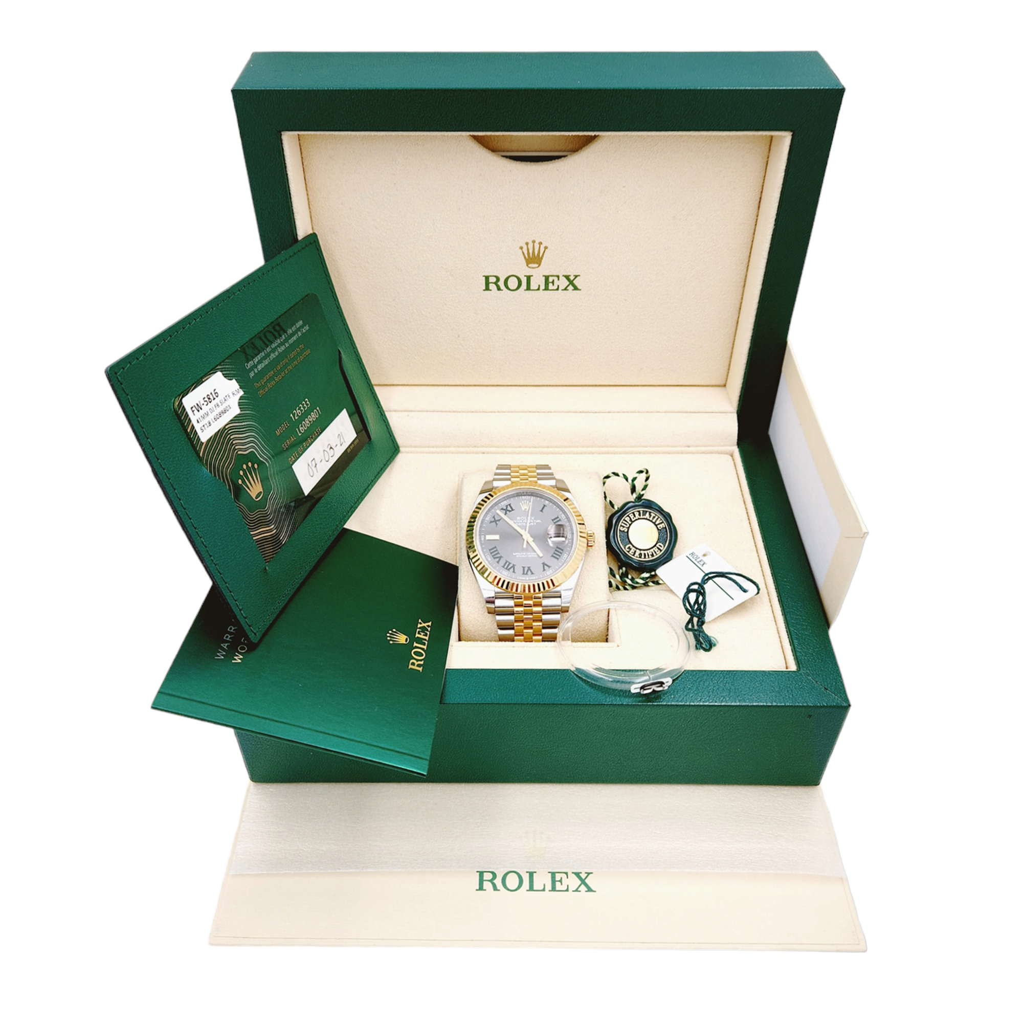 2021 Men's Rolex 41mm DateJust Two Tone 18K Yellow Gold / Stainless Steel Watch with Green Numeral / Silver Dial and Fluted Bezel. (Pre-Owned 126333)