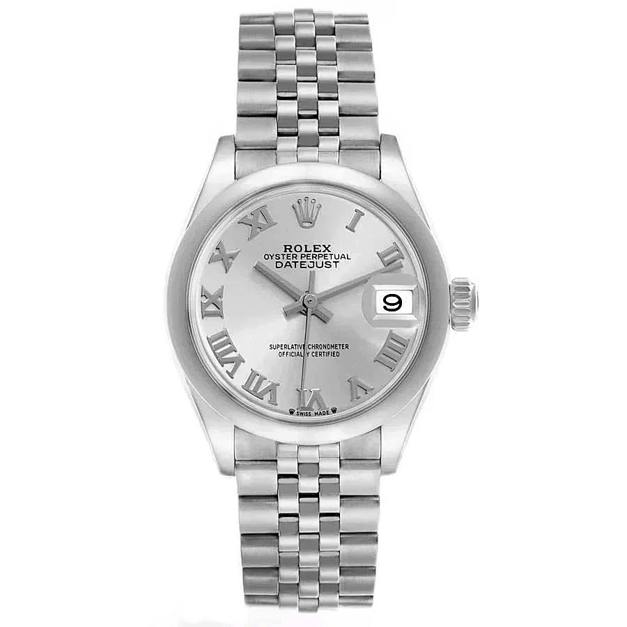 *2022 Ladies Rolex 28mm DateJust Stainless Steel Watch with Silver Dial and Fluted Bezel. (Pre-Owned Box/Card 279160)