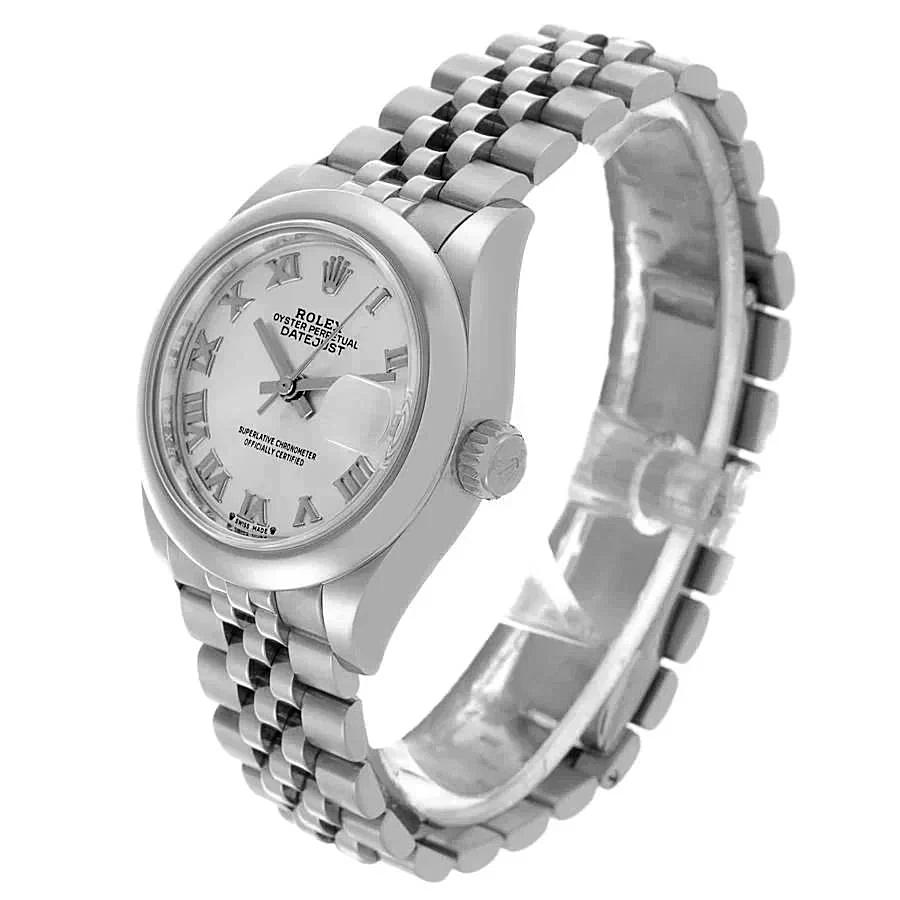 *2022 Ladies Rolex 28mm DateJust Stainless Steel Watch with Silver Dial and Fluted Bezel. (Pre-Owned Box/Card 279160)