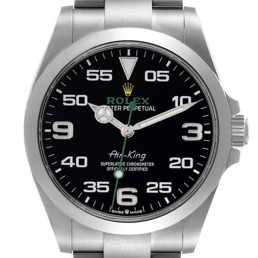 2023 Men's Rolex 40mm Air-King Oyster Perpetual Green Hand Stainless Steel Watch with Black Dial and Smooth Bezel. (NEW 126900)