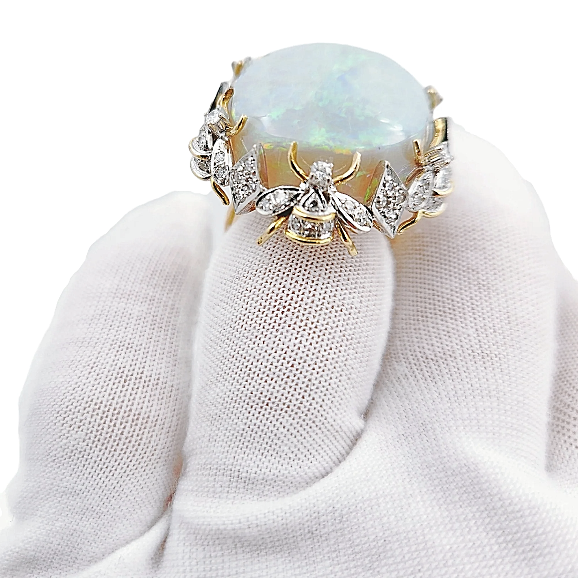 45CT Australian Multi Color Fiery Antique Art Deco Fancy Rainbow Crystal Opal Ring with 1.00CT SI2-G Diamonds in 14K Yellow Gold.