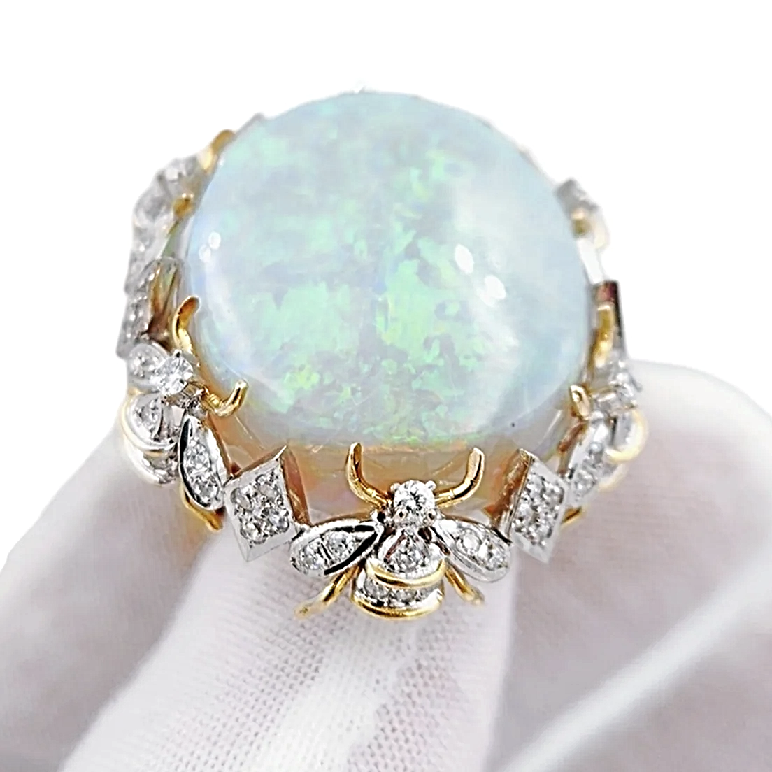45CT Australian Multi Color Fiery Antique Art Deco Fancy Rainbow Crystal Opal Ring with 1.00CT SI2-G Diamonds in 14K Yellow Gold.