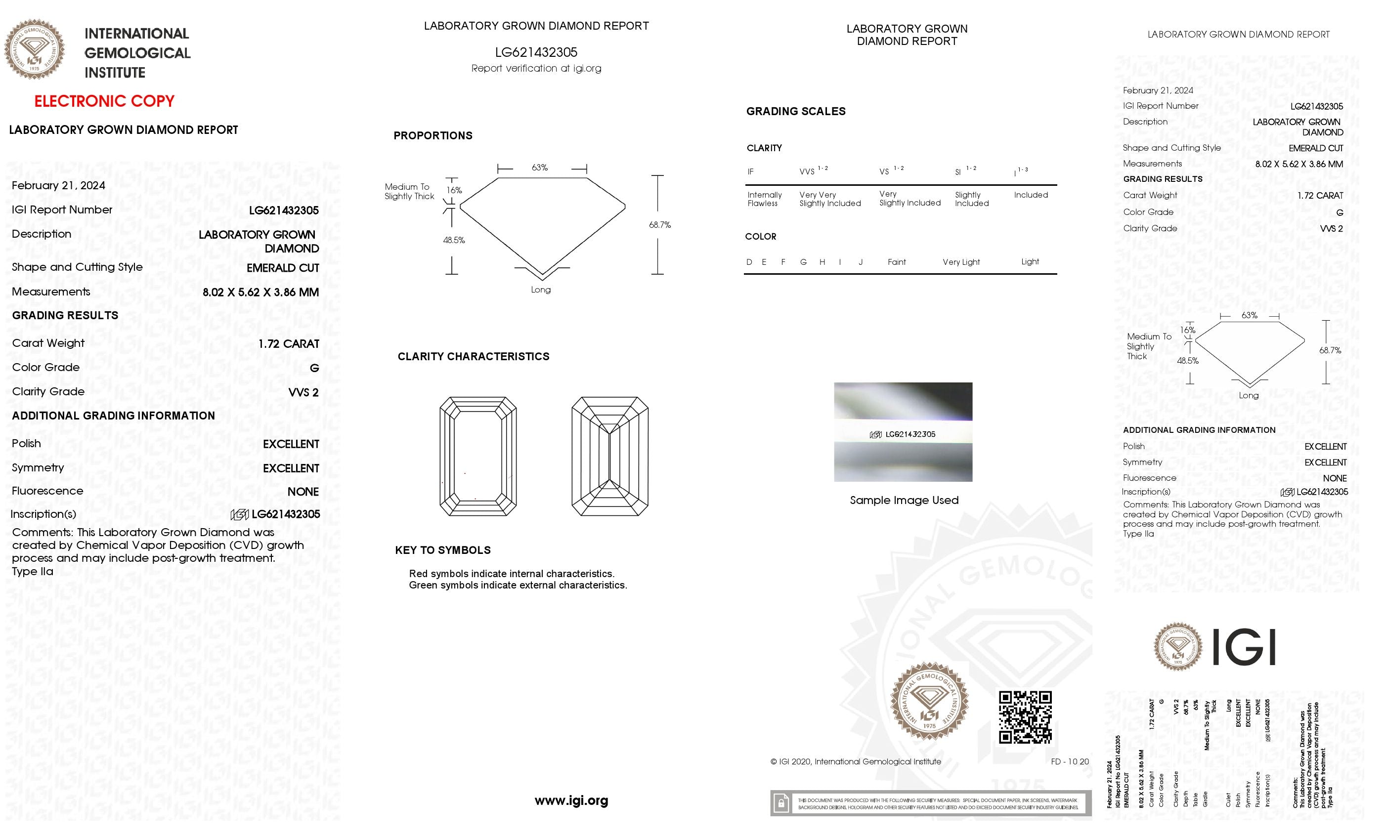 1.72 Ct. Emerald Wholesale IGI Certified Lab Grown Loose Diamond. (VVS2 / G)