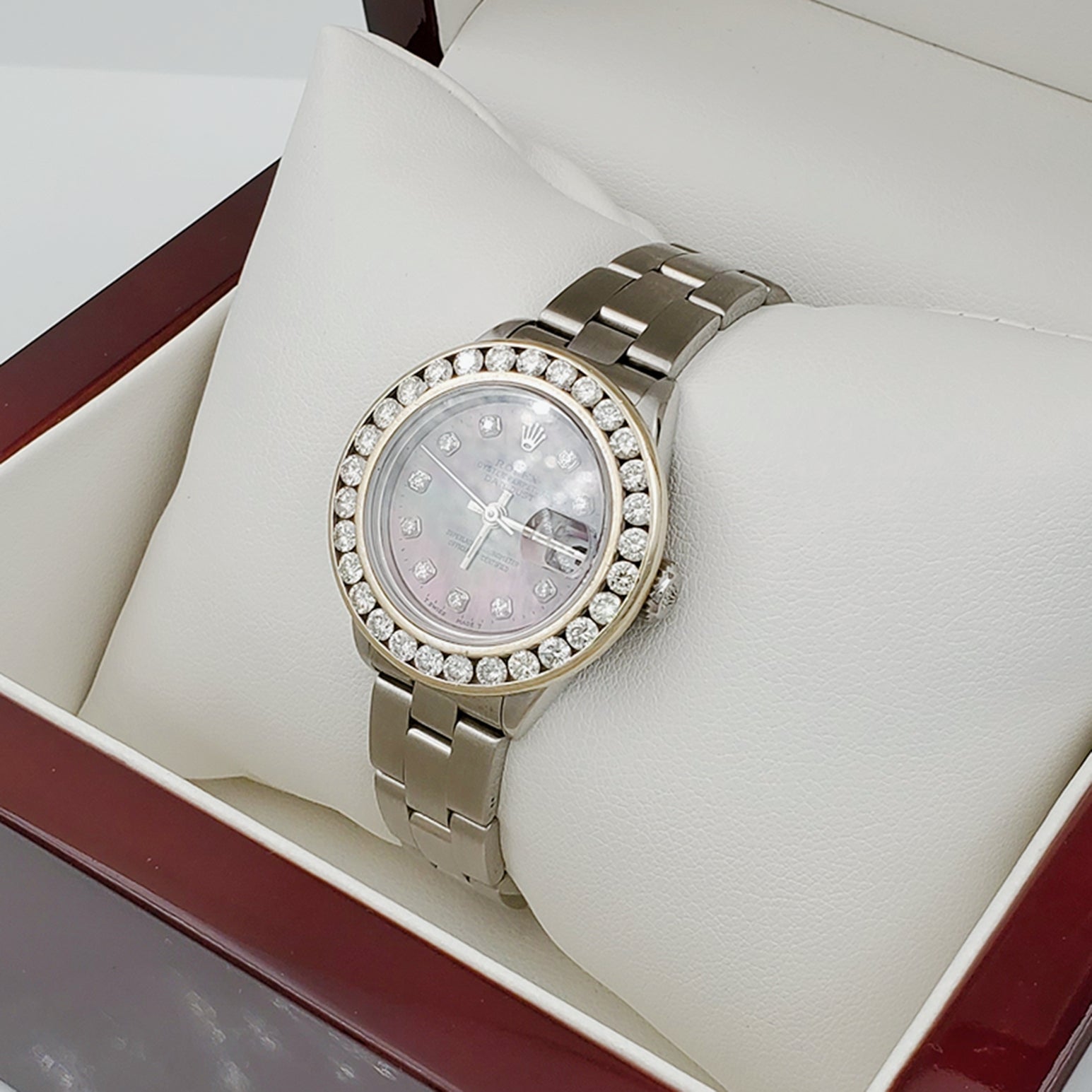 Ladies Rolex 26mm DateJust Stainless Steel Wristwatch w/ Mother of Pearl Black Diamond Dial & Custom Diamond Bezel. (Pre-Owned)