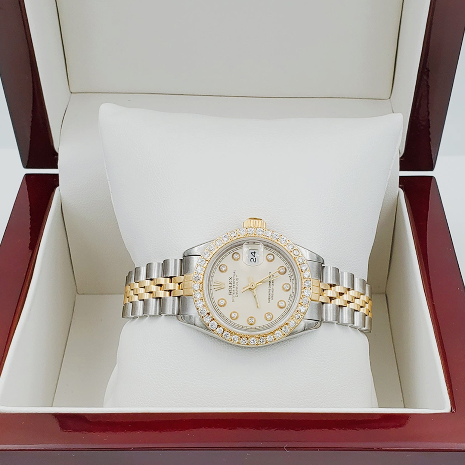 Ladies Rolex 26mm DateJust 18K Gold / Two Tone Stainless Steel Wristwatch w/ Beige Diamond Dial & Diamond Bezel. (Pre-Owned)