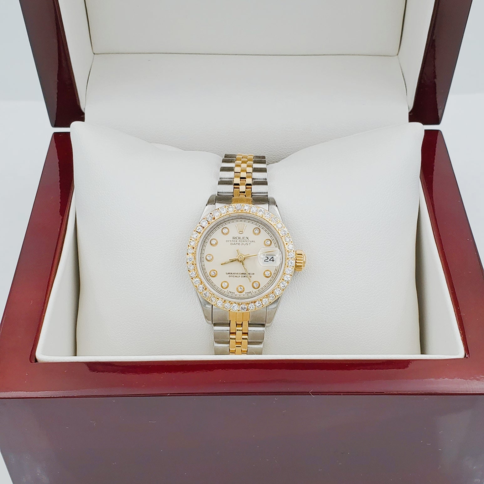 Ladies Rolex 26mm DateJust 18K Gold / Two Tone Stainless Steel Wristwatch w/ Beige Diamond Dial & Diamond Bezel. (Pre-Owned)