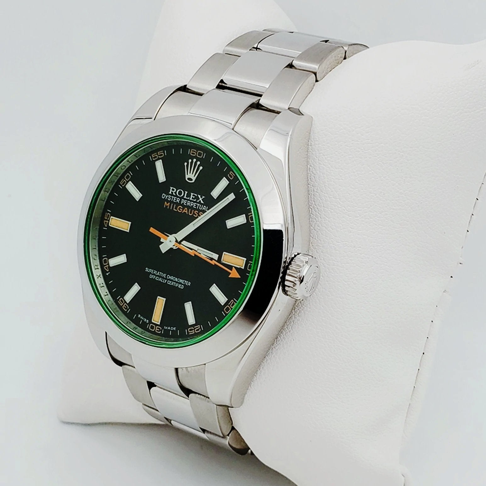 Men's Rolex 40mm Milgauss Oyster Perpetual Stainless Steel Watch with Green Sapphire Crystal Dial. (NEW 116400GV)