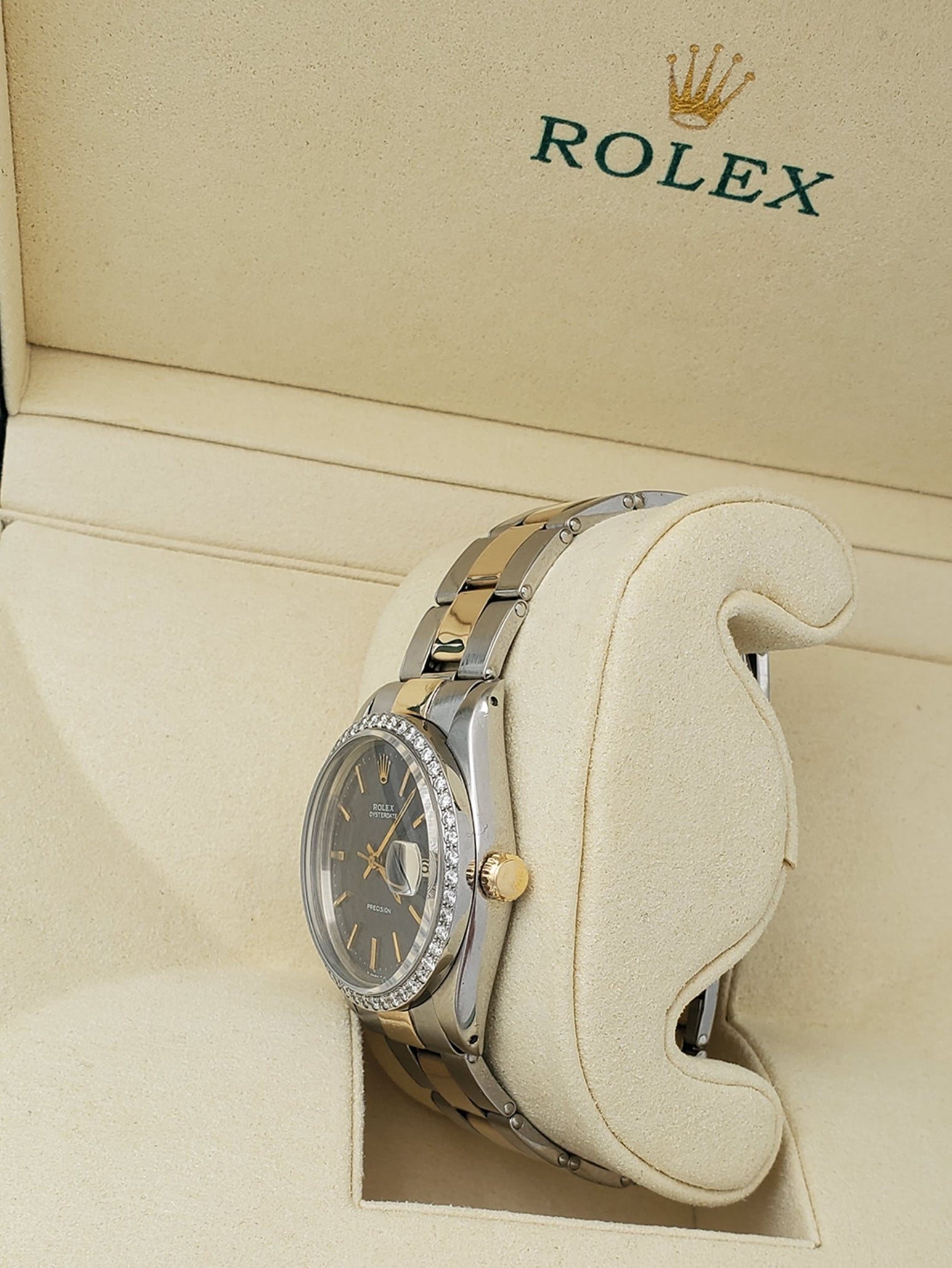 Unisex Rolex OysterDate 34mm Two Tone 14K Yellow Gold / Stainless Steel Wristwatch w/ Blue Dial & Custom Diamond Bezel. (Pre-Owned 6694)