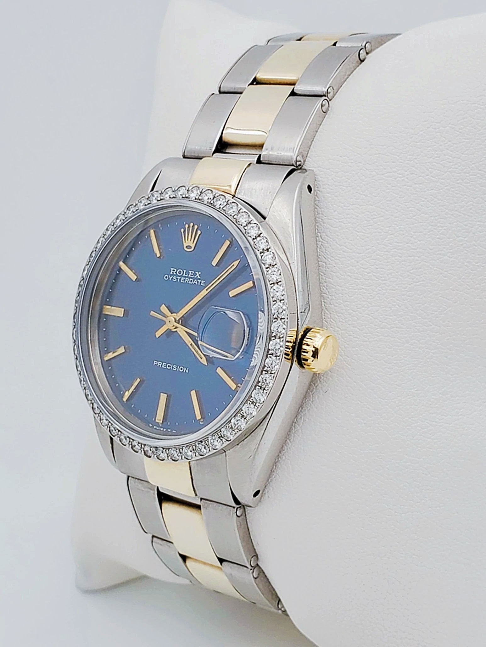 Unisex Rolex OysterDate 34mm Two Tone 14K Yellow Gold / Stainless Steel Wristwatch w/ Blue Dial & Custom Diamond Bezel. (Pre-Owned 6694)