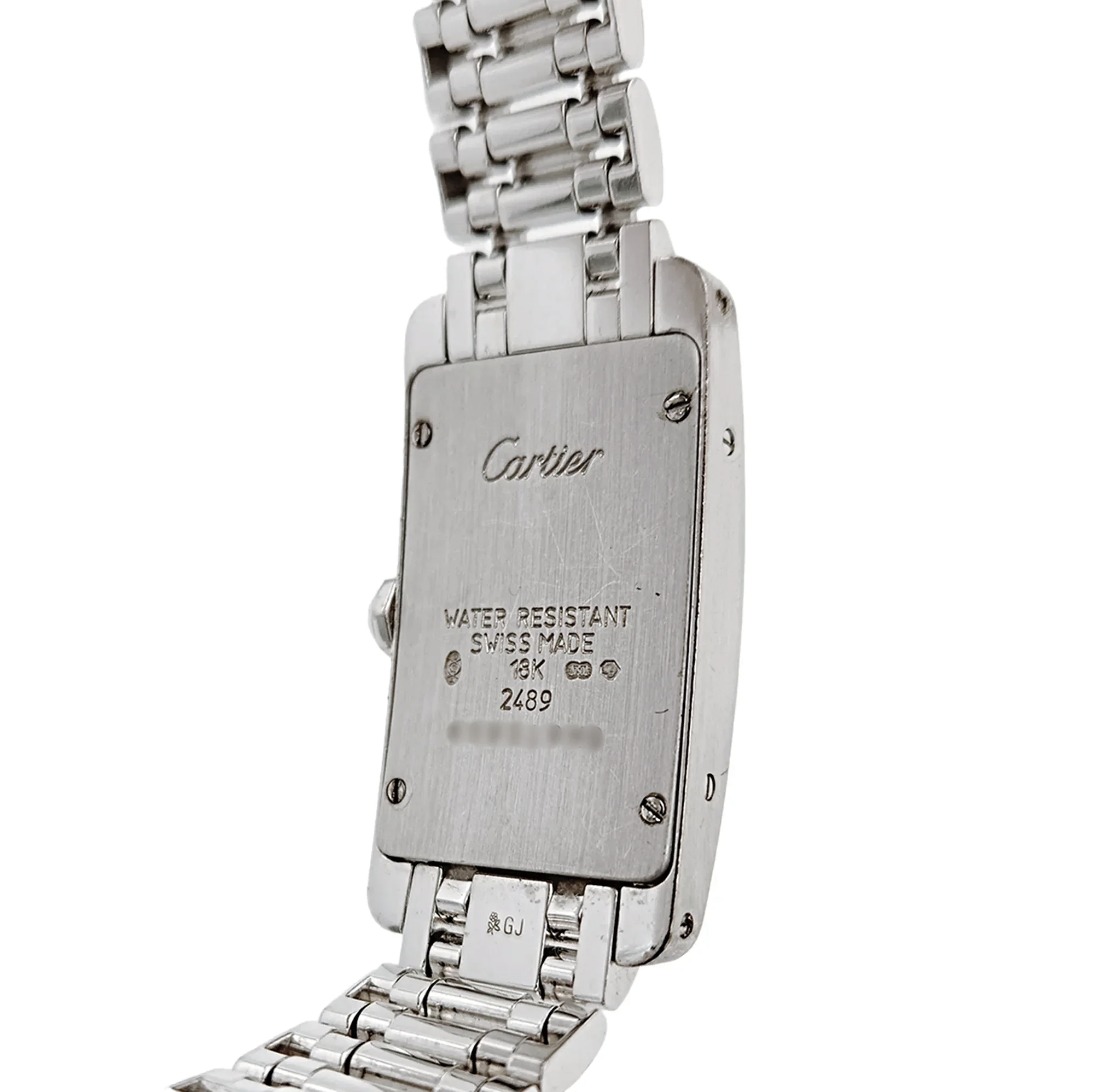 Ladies Cartier 23mm American Tank 18K White Gold Watch with Roman Numeral and Diamond Bezel. (Pre-Owned WB7018L1)