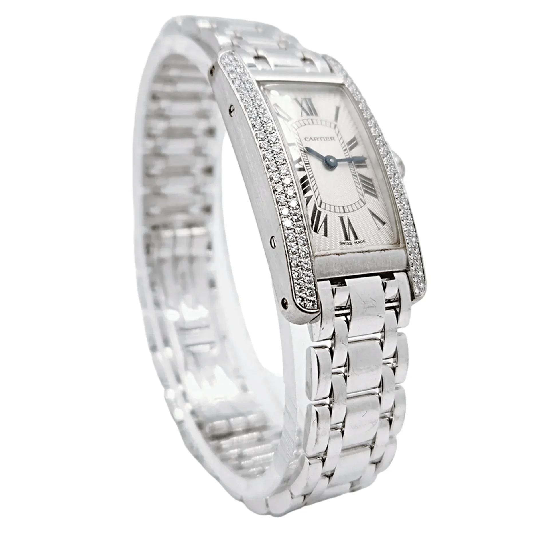 Ladies Cartier 23mm American Tank 18K White Gold Watch with Roman Numeral and Diamond Bezel. (Pre-Owned WB7018L1)