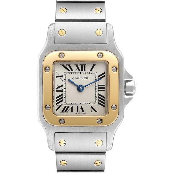 Ladies Cartier 24mm Medium Santos 18K Yellow Gold / Stainless Steel Watch with White Dial. (Pre-Owned)