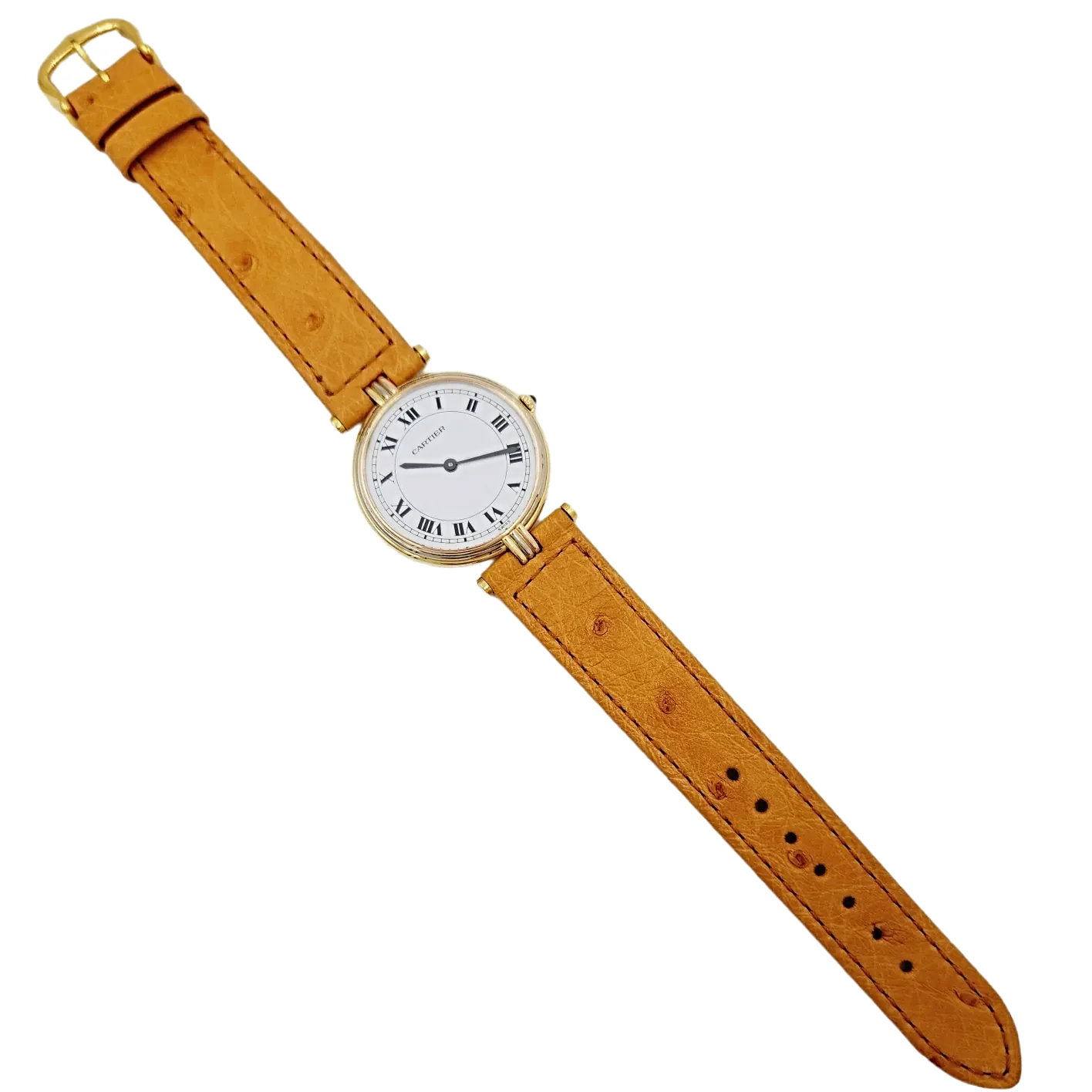 Ladies Cartier 30mm Trinity Vendome Paris 18K Solid Gold Watch with Brown Leather Band and White Dial. (Pre-Owned)