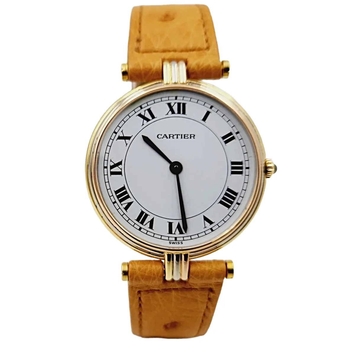 Ladies Cartier 30mm Trinity Vendome Paris 18K Solid Gold Watch with Brown Leather Band and White Dial. (Pre-Owned)