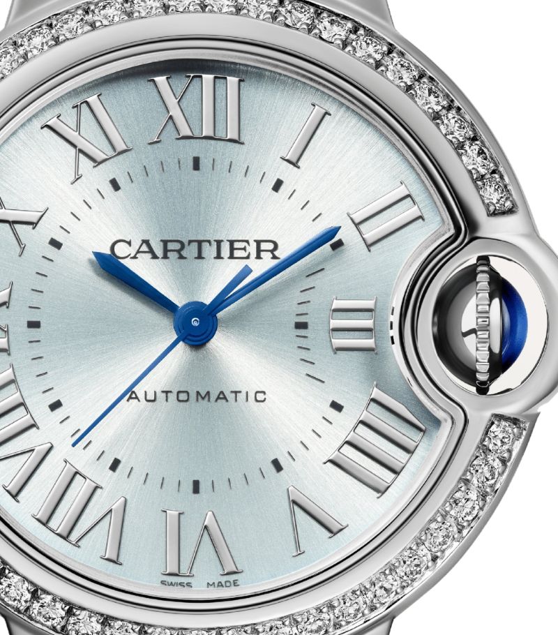 Ladies Cartier 33mm Ballon Bleu Automatic Stainless Steel Watch with Roman Numeral Turquoise Dial and Diamond Bezel. (Pre-Owned)
