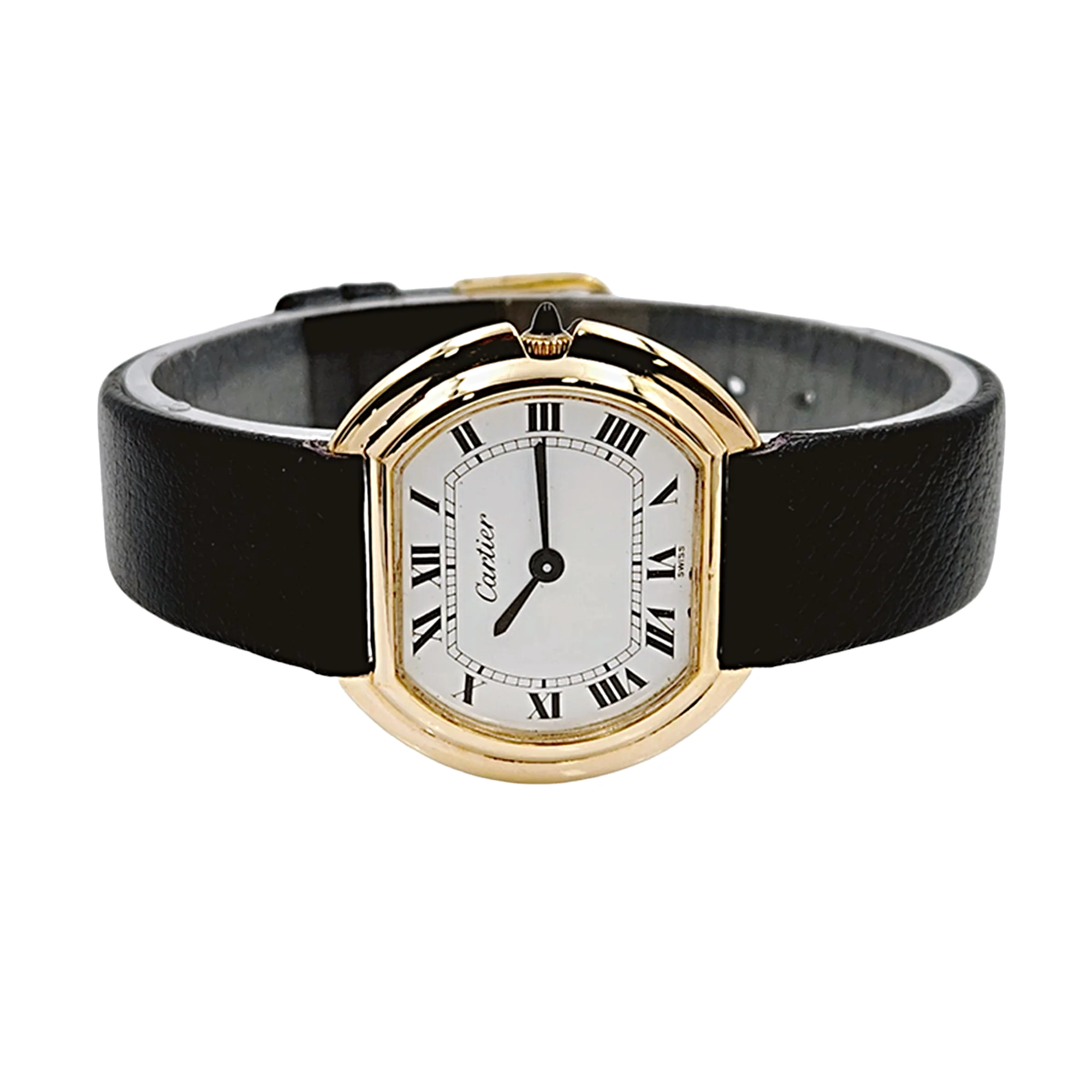 Ladies Cartier Tank Ellipse Automatic Vintage 18K Electroplated Watch with White Roman Numeral Dial and Black Leather Band. (Pre-Owned 415)