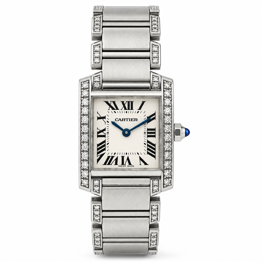 *Ladies Cartier Tank Francaise Small 20mm x 25mm Stainless Steel Watch with Diamond Bezel and Diamond Bracelet. (Pre-Owned)