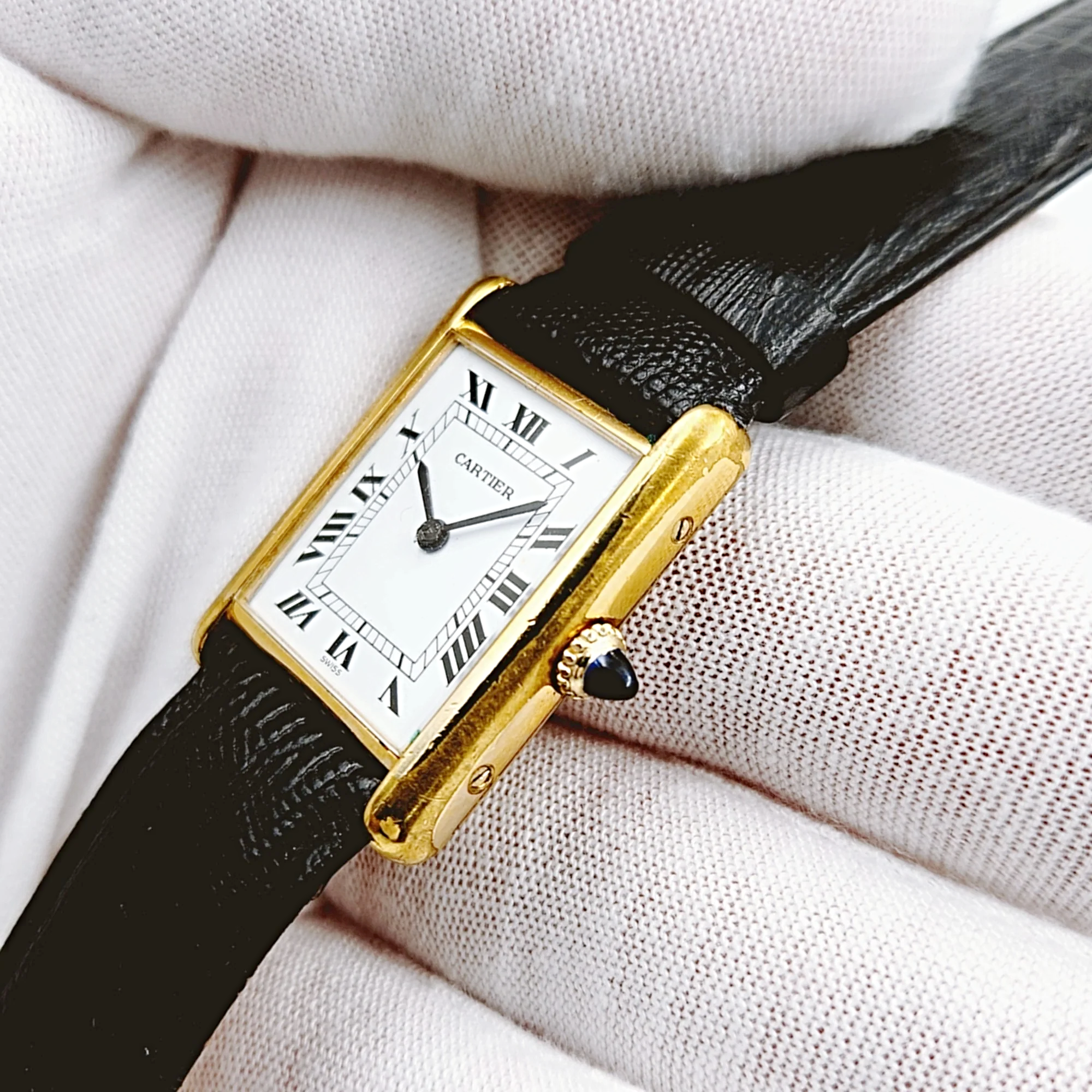 Ladies Cartier Tank Automatic Vintage 18K Electroplated Watch with White Roman Numeral Dial and Black Leather Band. (Pre-Owned)