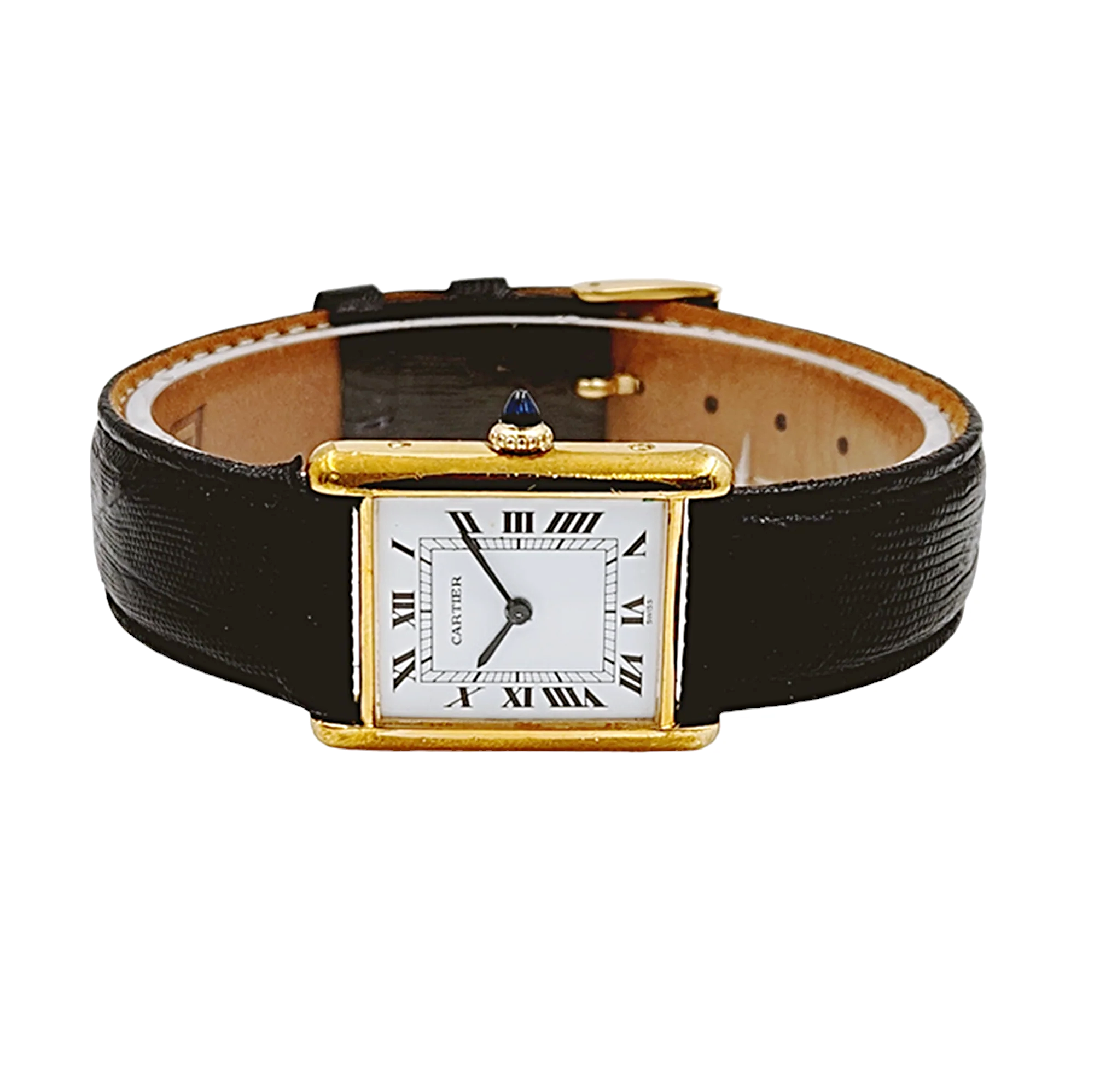 Ladies Cartier Tank Automatic Vintage 18K Electroplated Watch with White Roman Numeral Dial and Black Leather Band. (Pre-Owned)