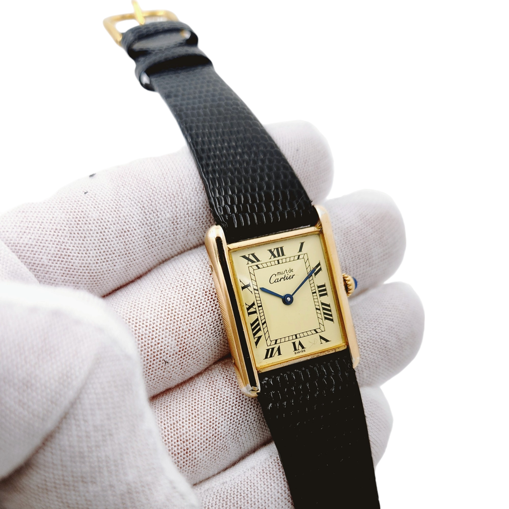 Ladies Cartier Tank "must de Cartier" Vintage Vermeil Yellow Gold Watch with Cream Roman Numeral Dial and Black Leather Band. (Pre-Owned)