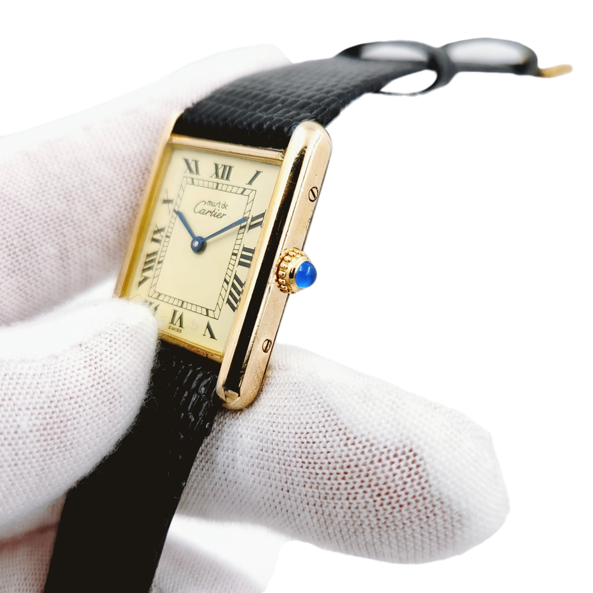 Ladies Cartier Tank "must de Cartier" Vintage Vermeil Yellow Gold Watch with Cream Roman Numeral Dial and Black Leather Band. (Pre-Owned)