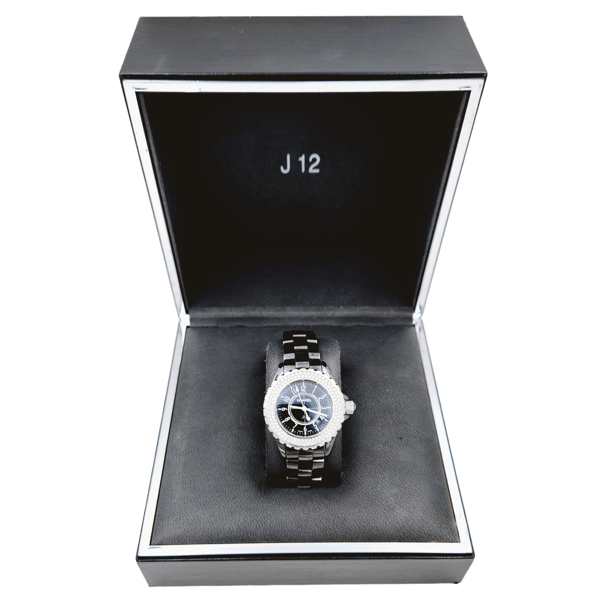 Ladies Chanel J12 - 33mm Black Ceramic Band Watch with High Precision Quartz Movement and Diamond Bezel. (Pre-Owned J12)