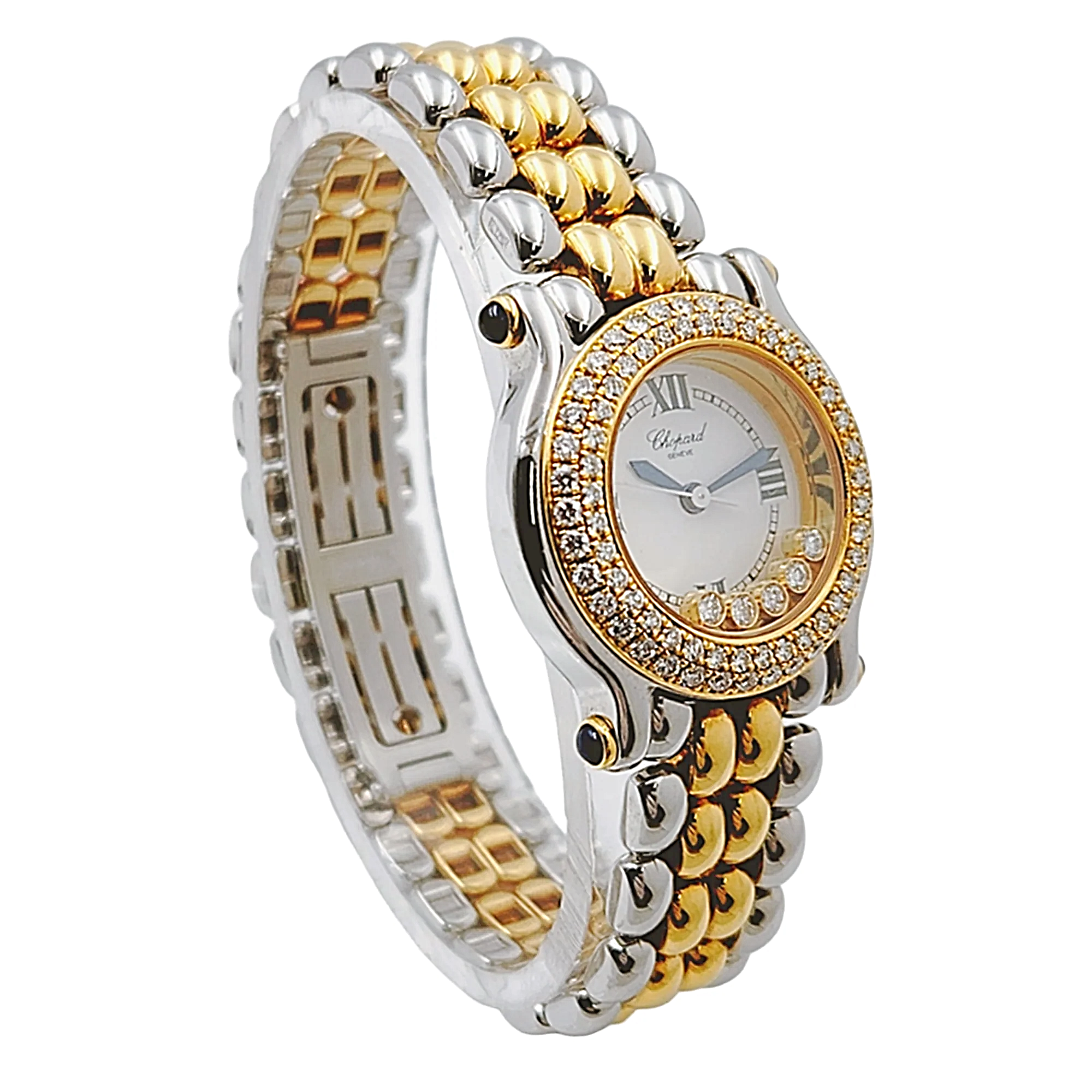 *Ladies Chopard 26mm Happy Sport Five Diamond 18K Yellow Gold / Stainless Steel Watch with White Dial and Diamond Bezel. (Pre-Owned 27/8251-23)